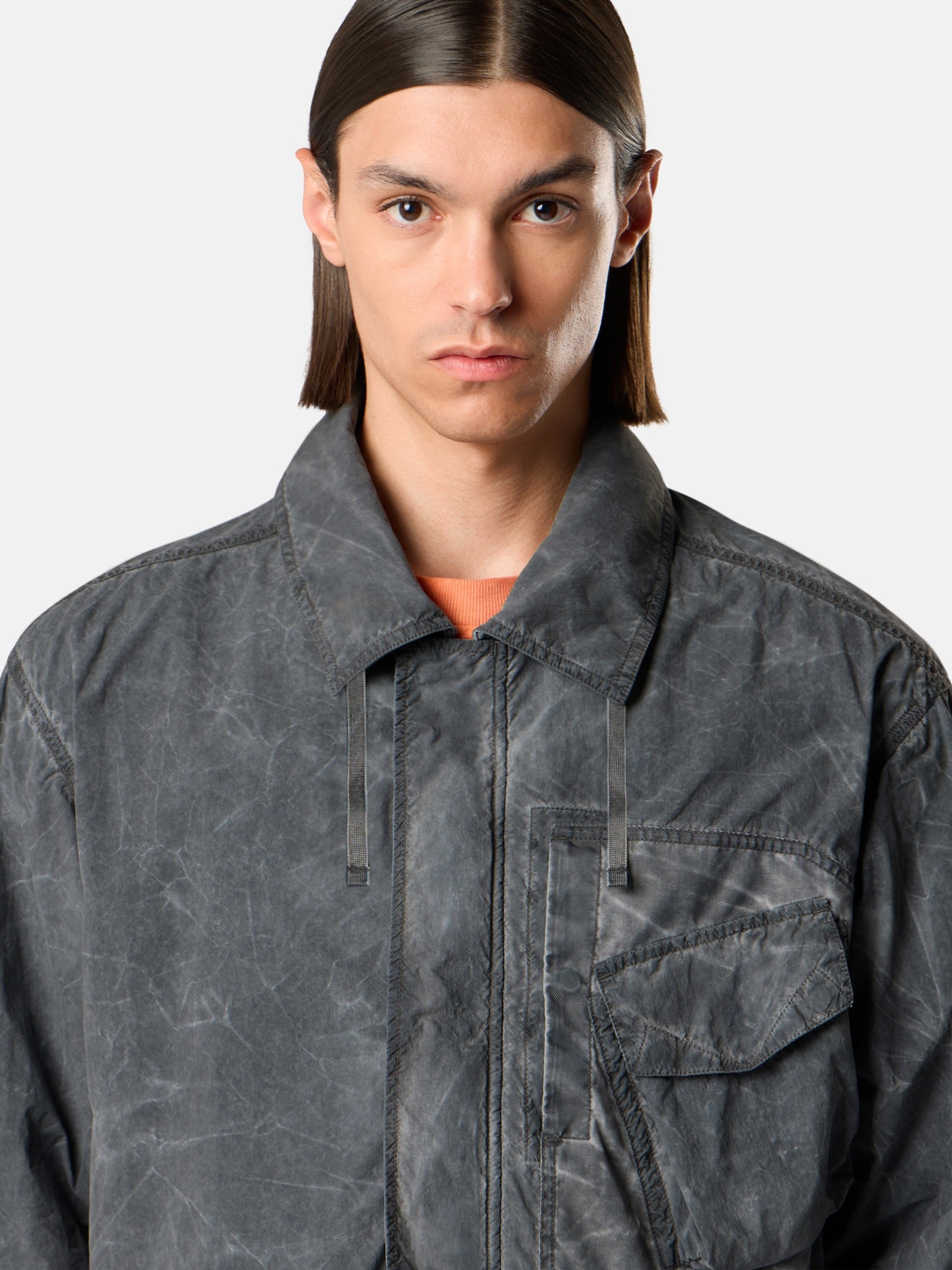 Black Comfort-fit zip-up overshirt with packable hood 1200036