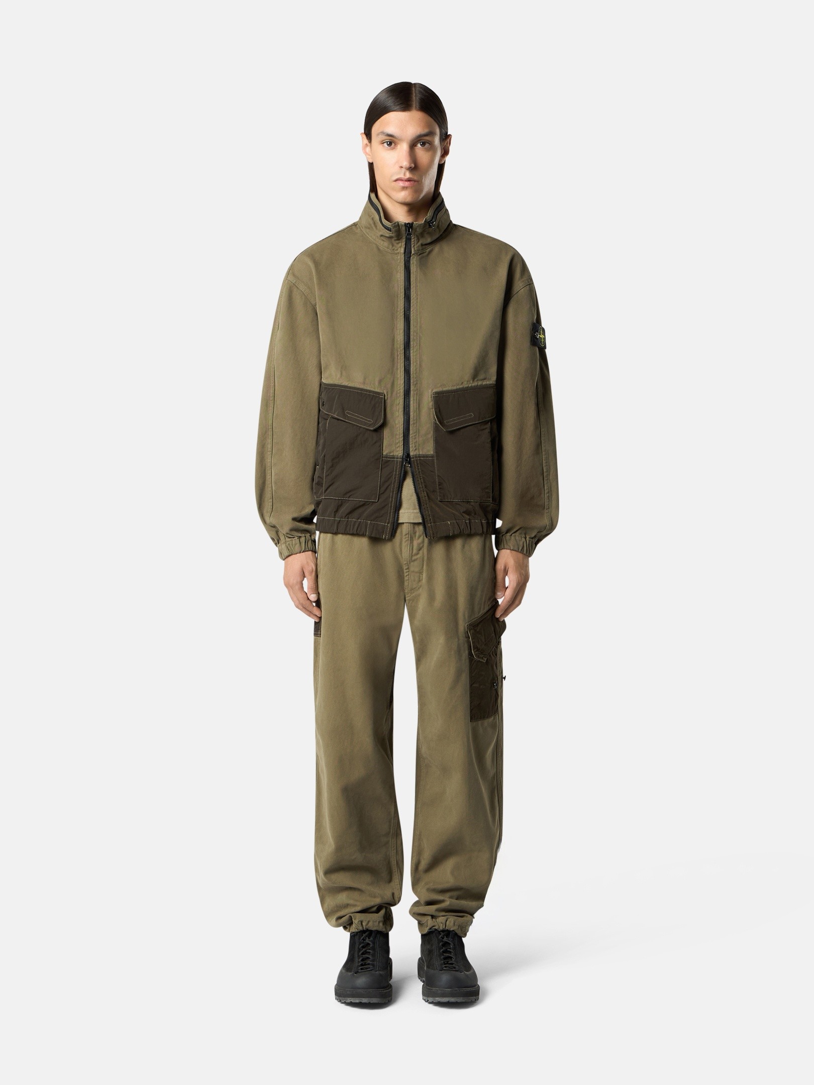 Military Green Comfort-fit zip-up overshirt with packable hood