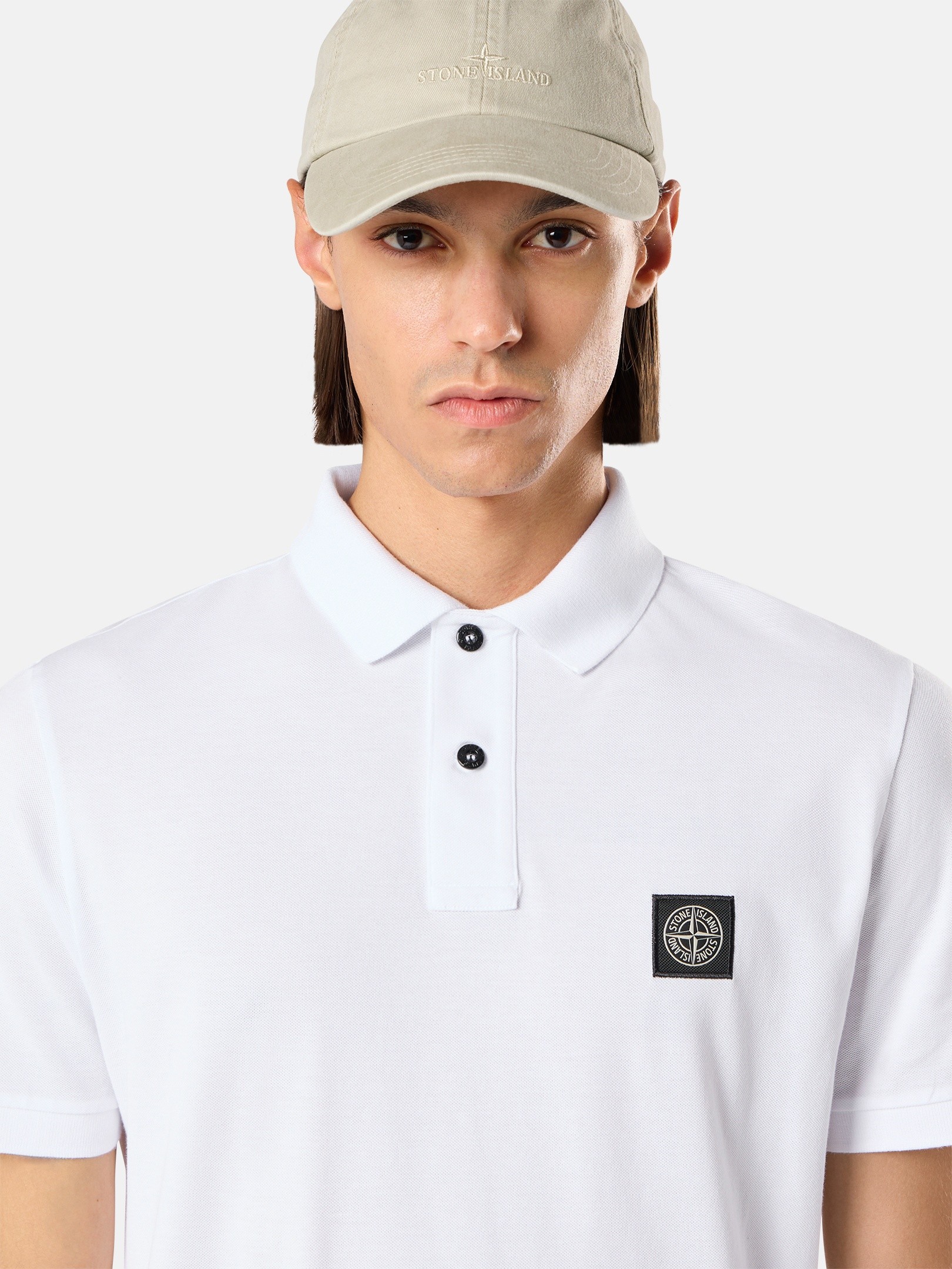 White Slim-fit short-sleeve polo with Compass patch 2200008