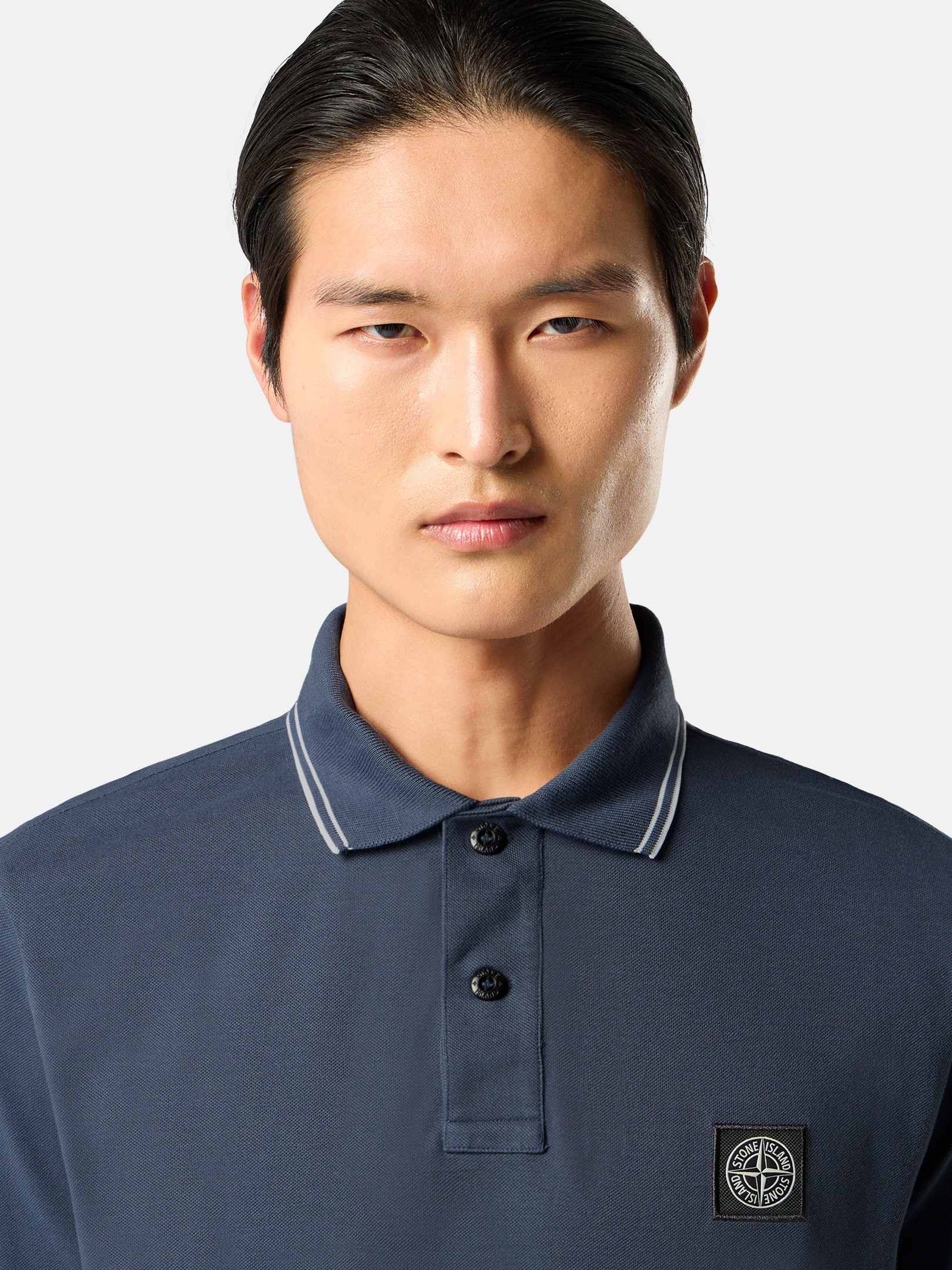 Slate Blue Slim-fit short-sleeve polo with Compass patch 2200010
