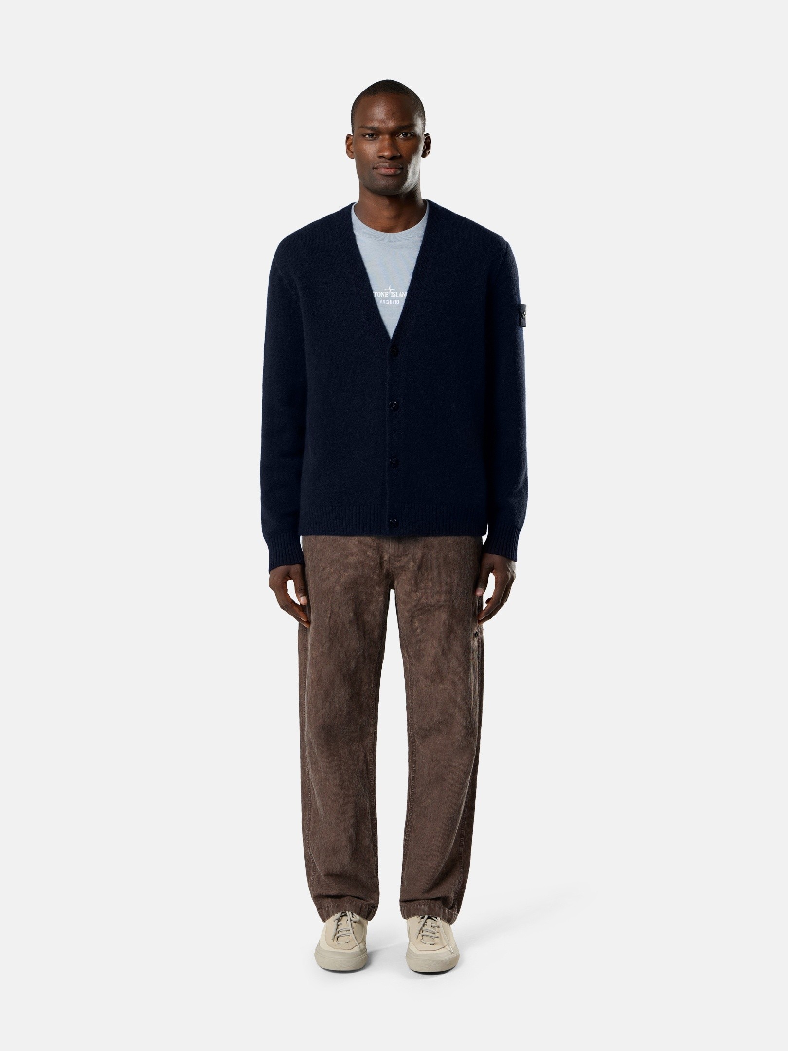 Blue Melange Loose-fit V-neck cardigan with contrast knit details