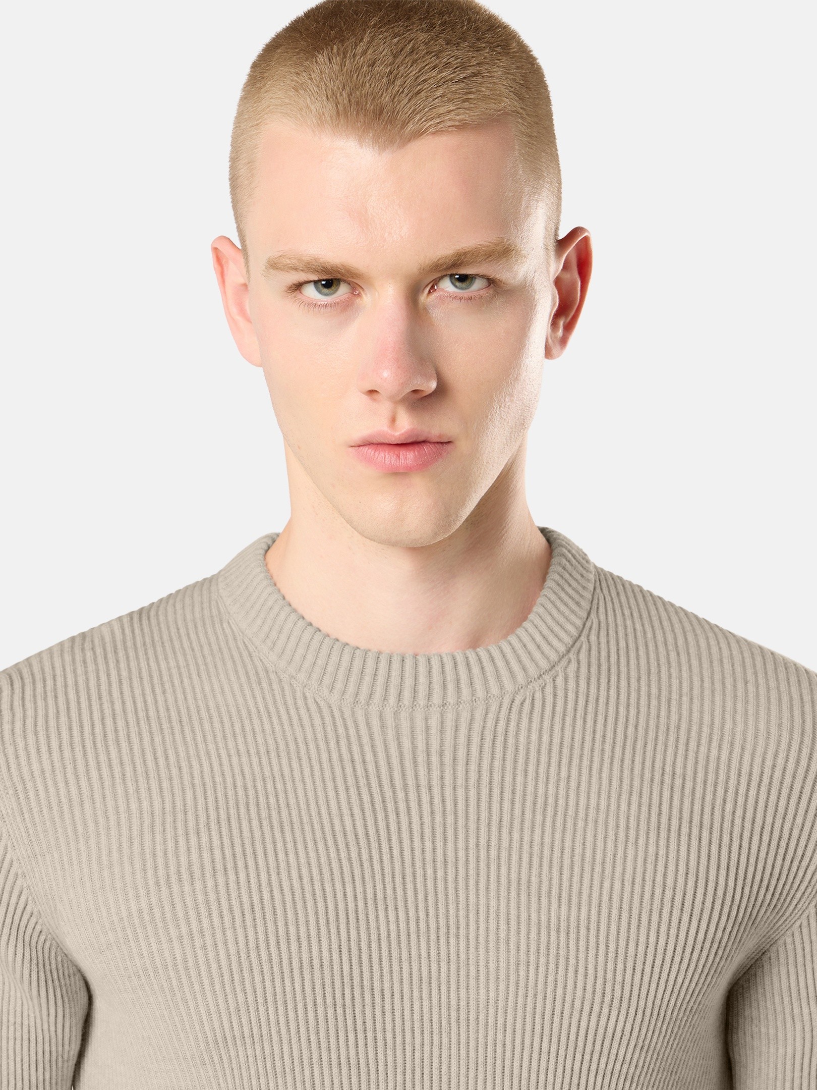 Sand Melange Regular-fit crewneck jumper with fine-ribbed trims
