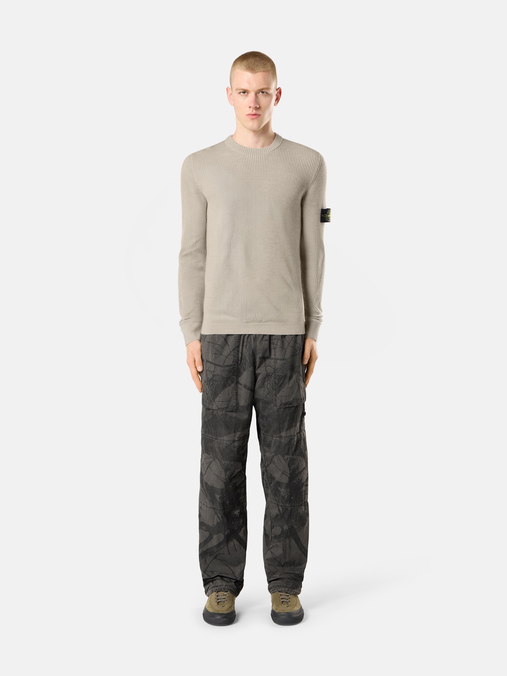 Sand Melange Regular-fit crewneck jumper with fine-ribbed trims