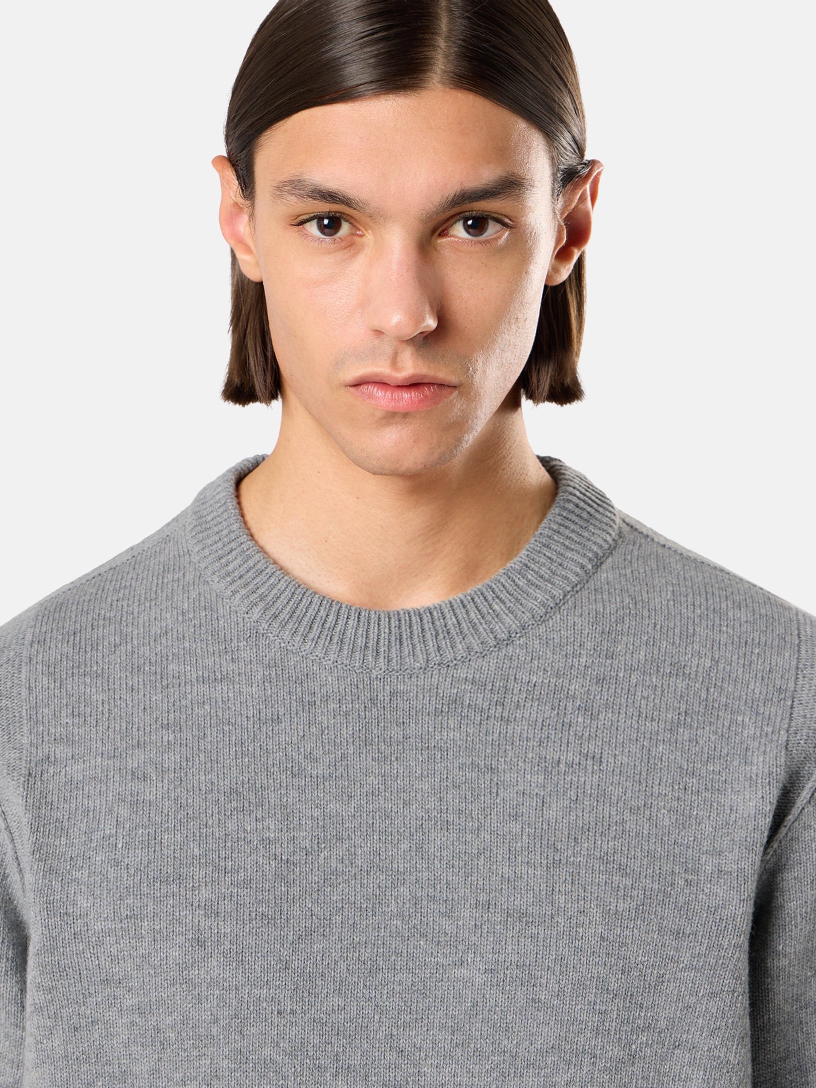 Gray Melange Regular-fit crewneck sweater with ribbed trims
