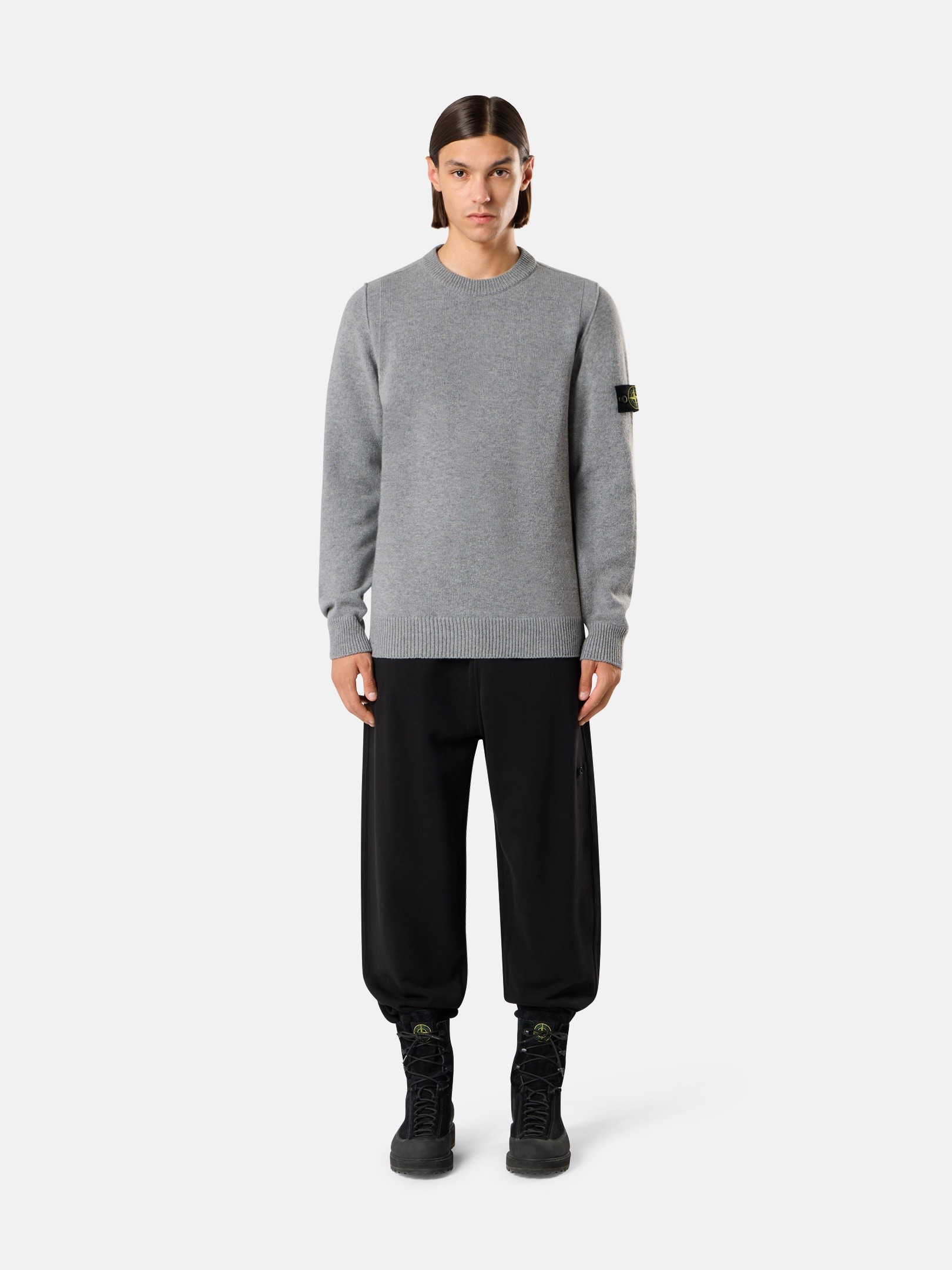 Gray Melange Regular-fit crewneck sweater with ribbed trims