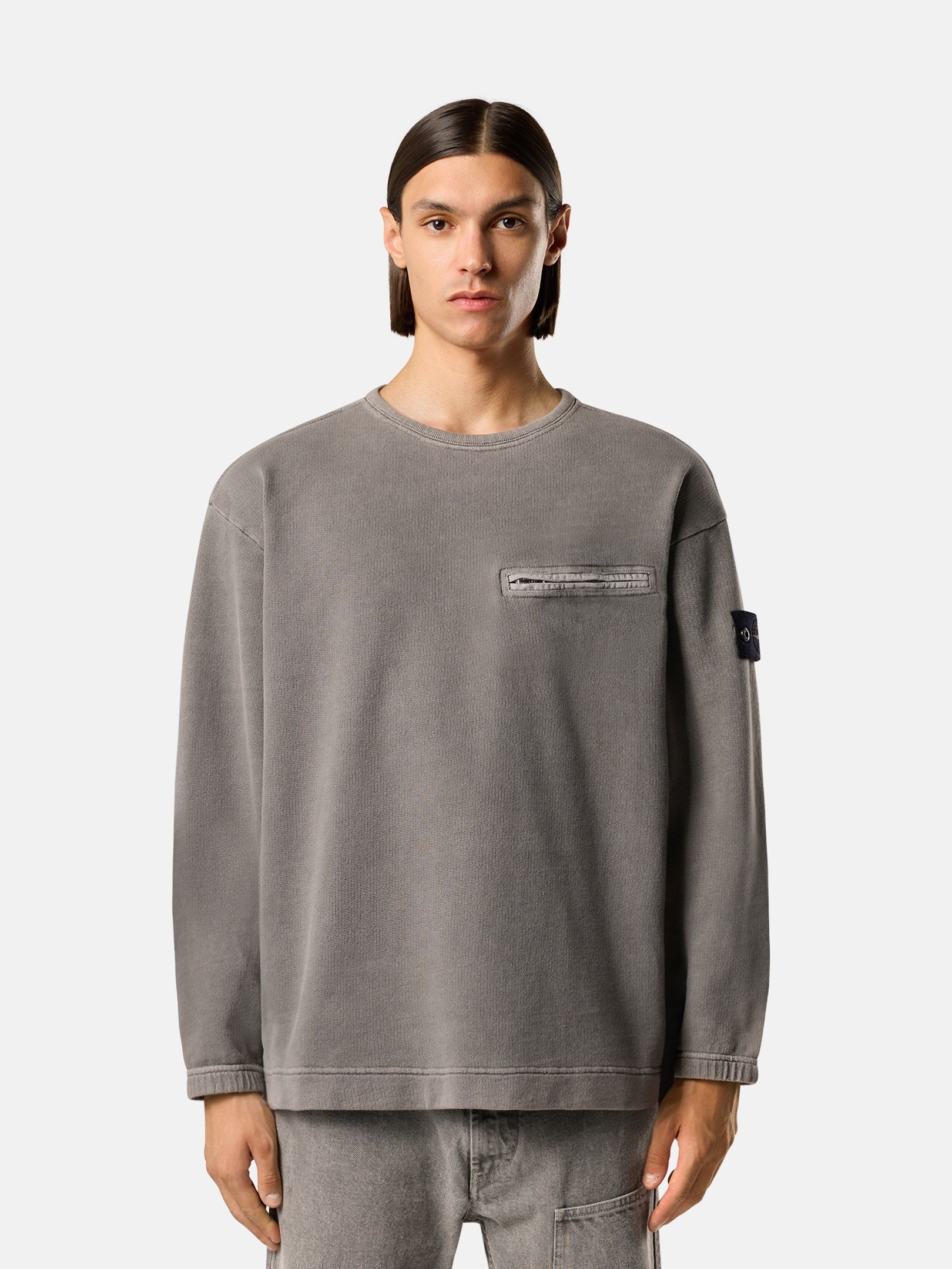 Grey Oversized-fit crewneck sweatshirt with chest pocket 6100028