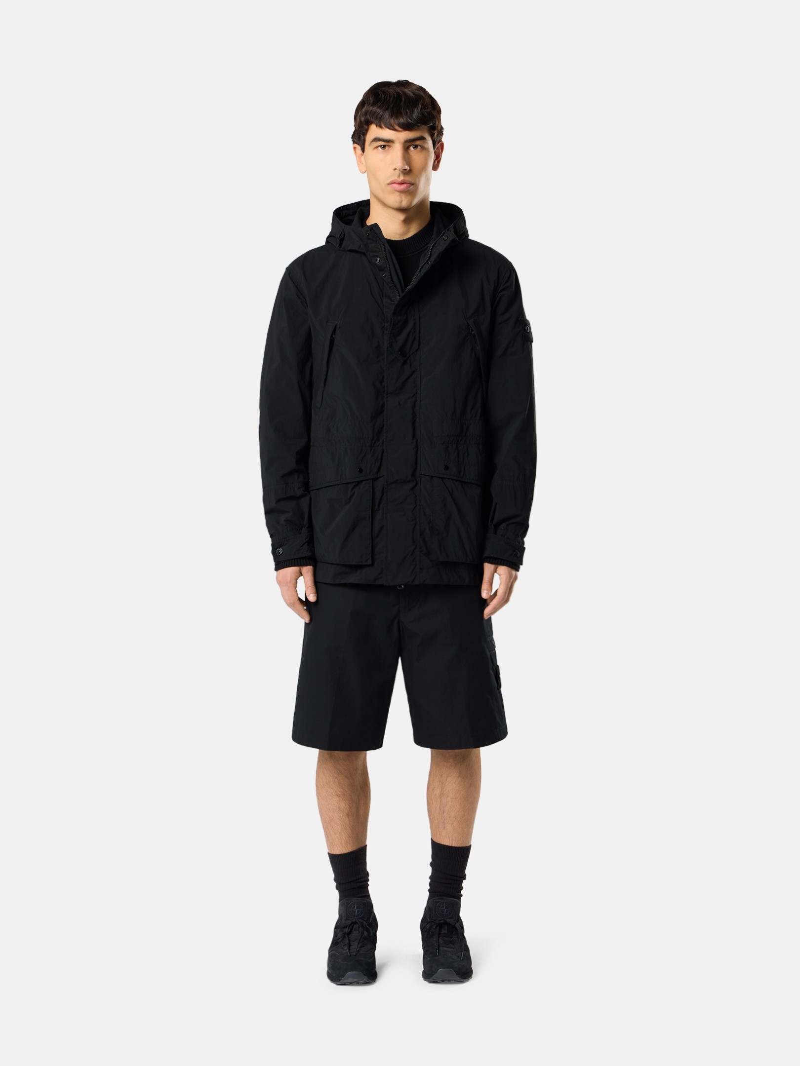 Black Short parka with anti-drop finish Q100024 NYLON