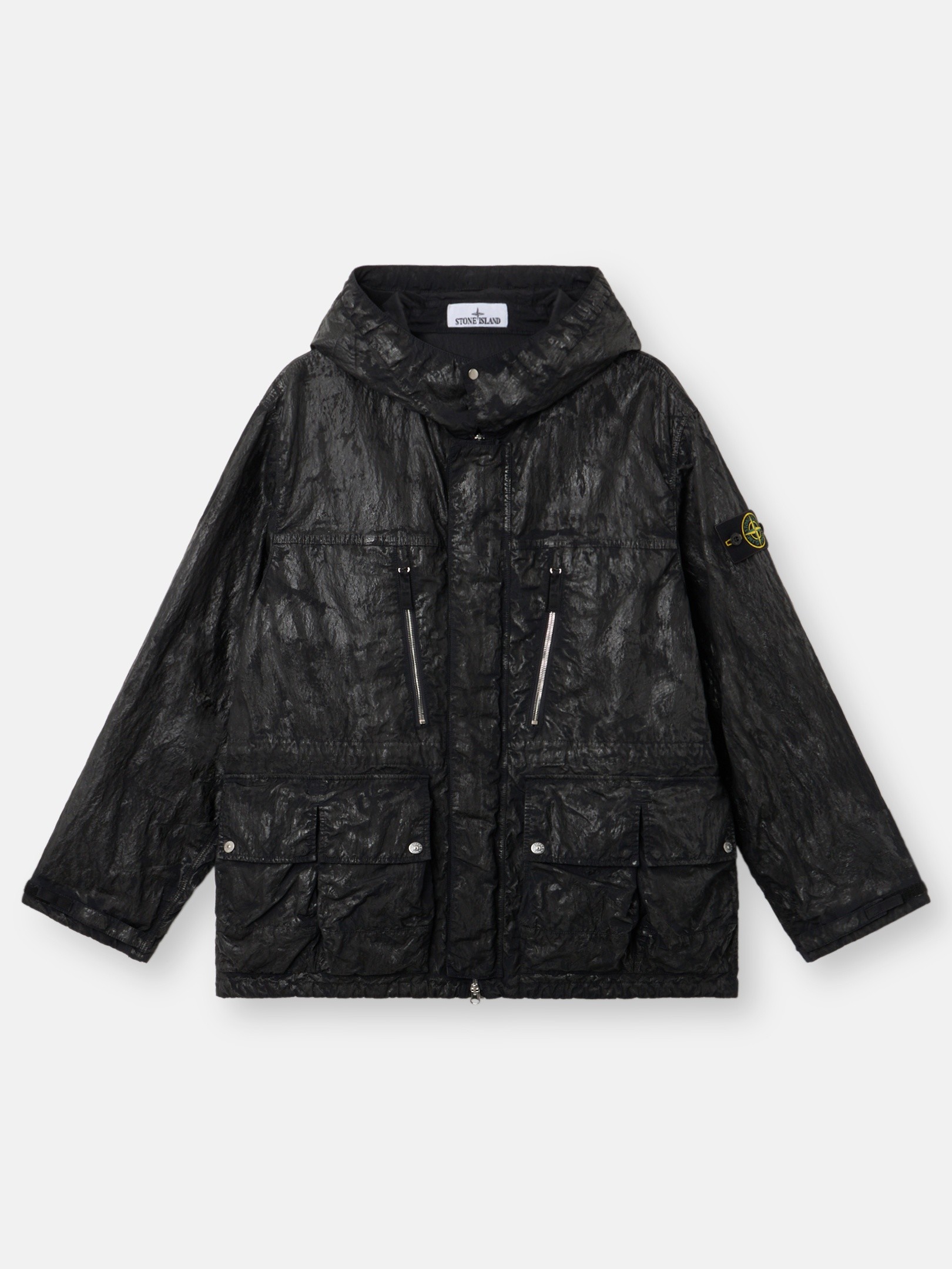 Black Hooded jacket with multiple pockets Q100027 SLICK NYLON TELA